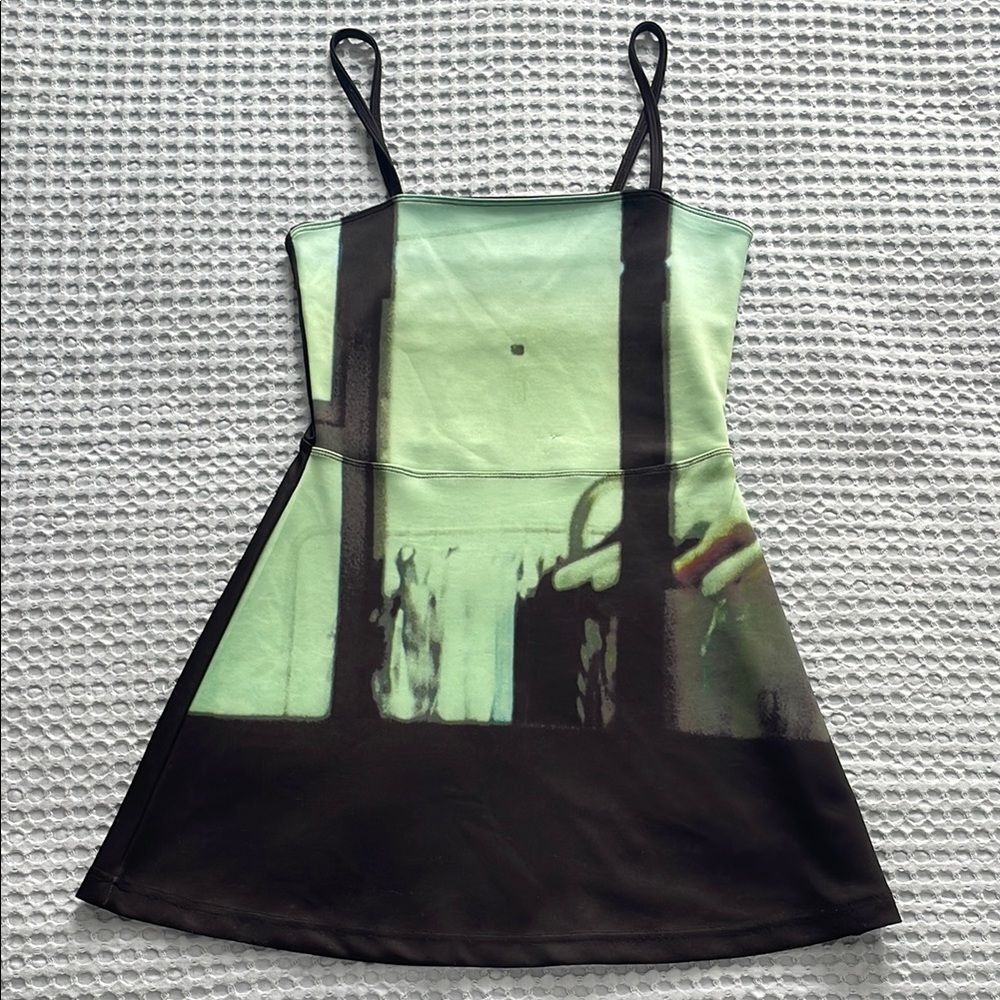 dydoshop Black and Green Printed Mini Dress with Spaghetti Straps